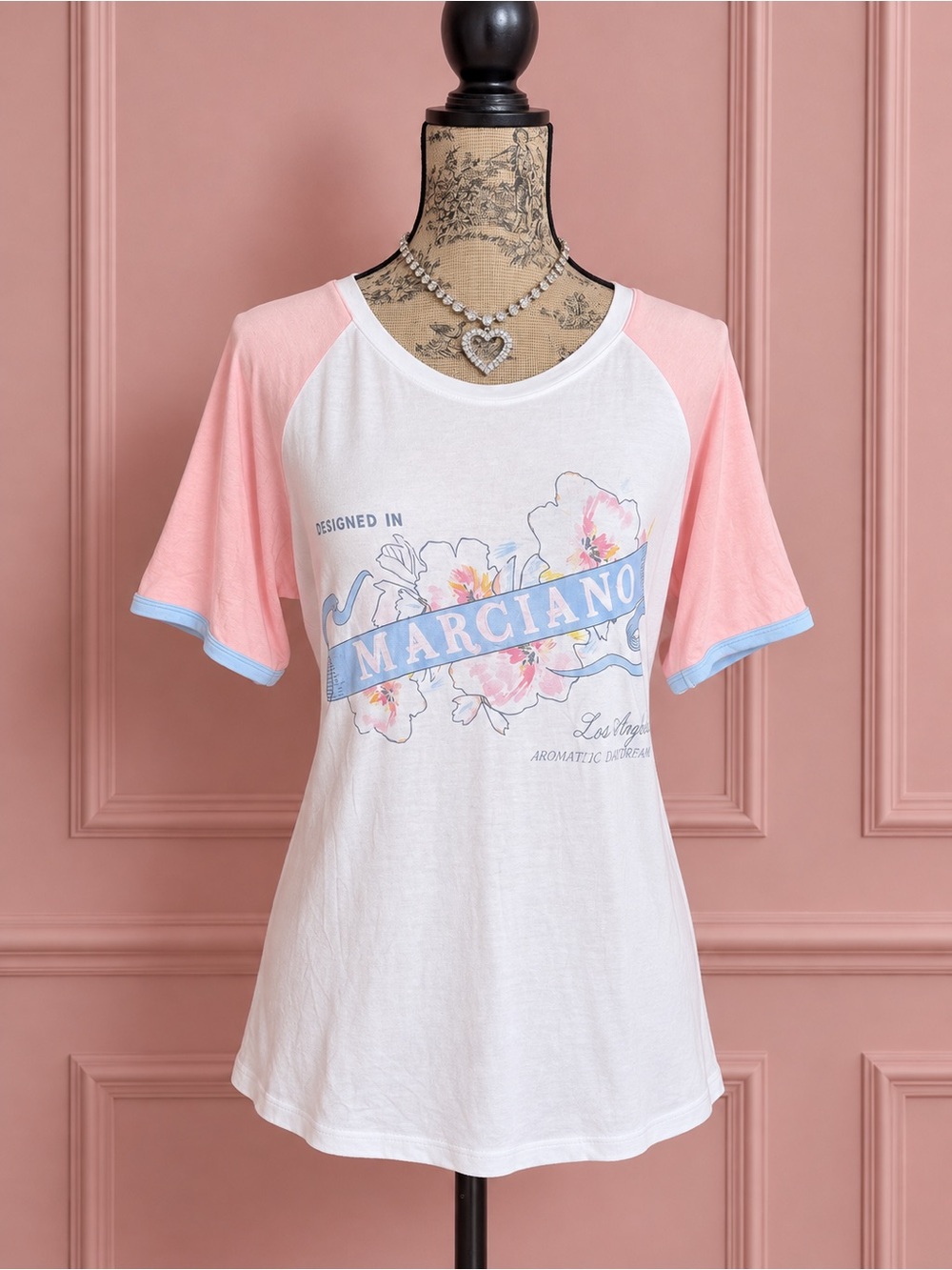 Y2K Marciano Pink & White Raglan Floral Graphic Tee Size S